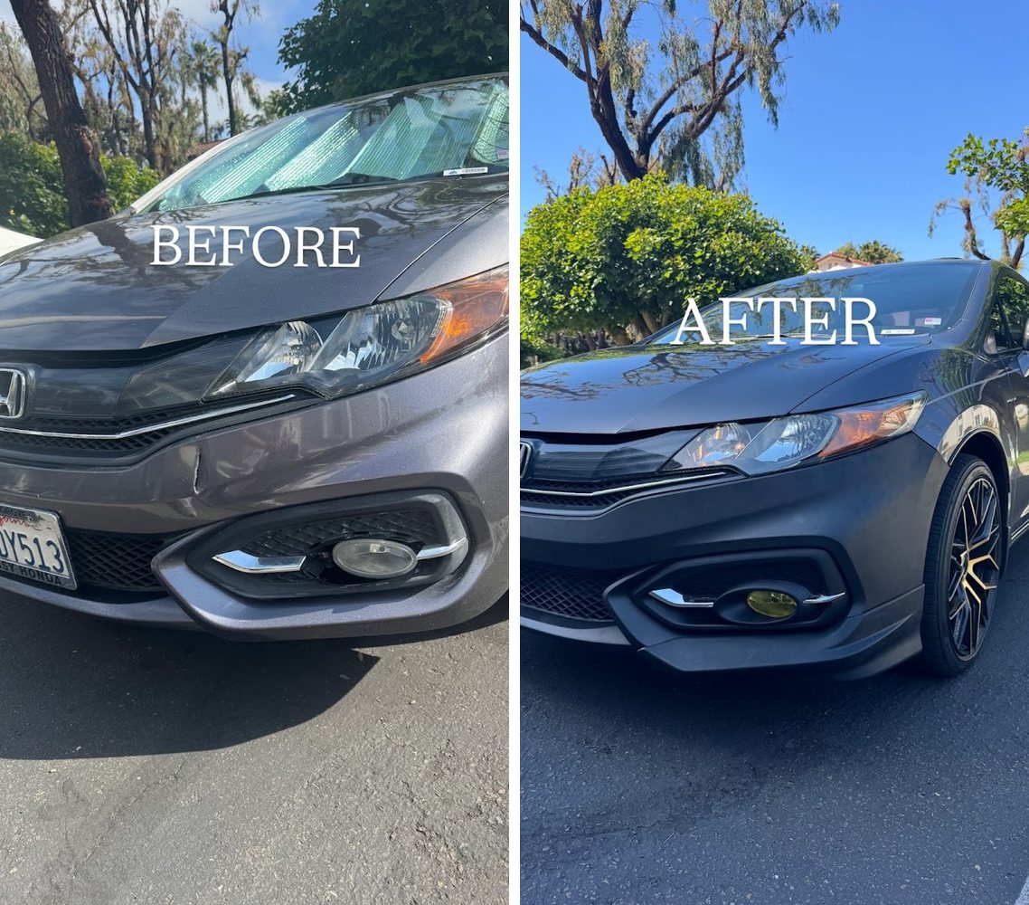 A gray Honda at the shop, before and after front bumper repair